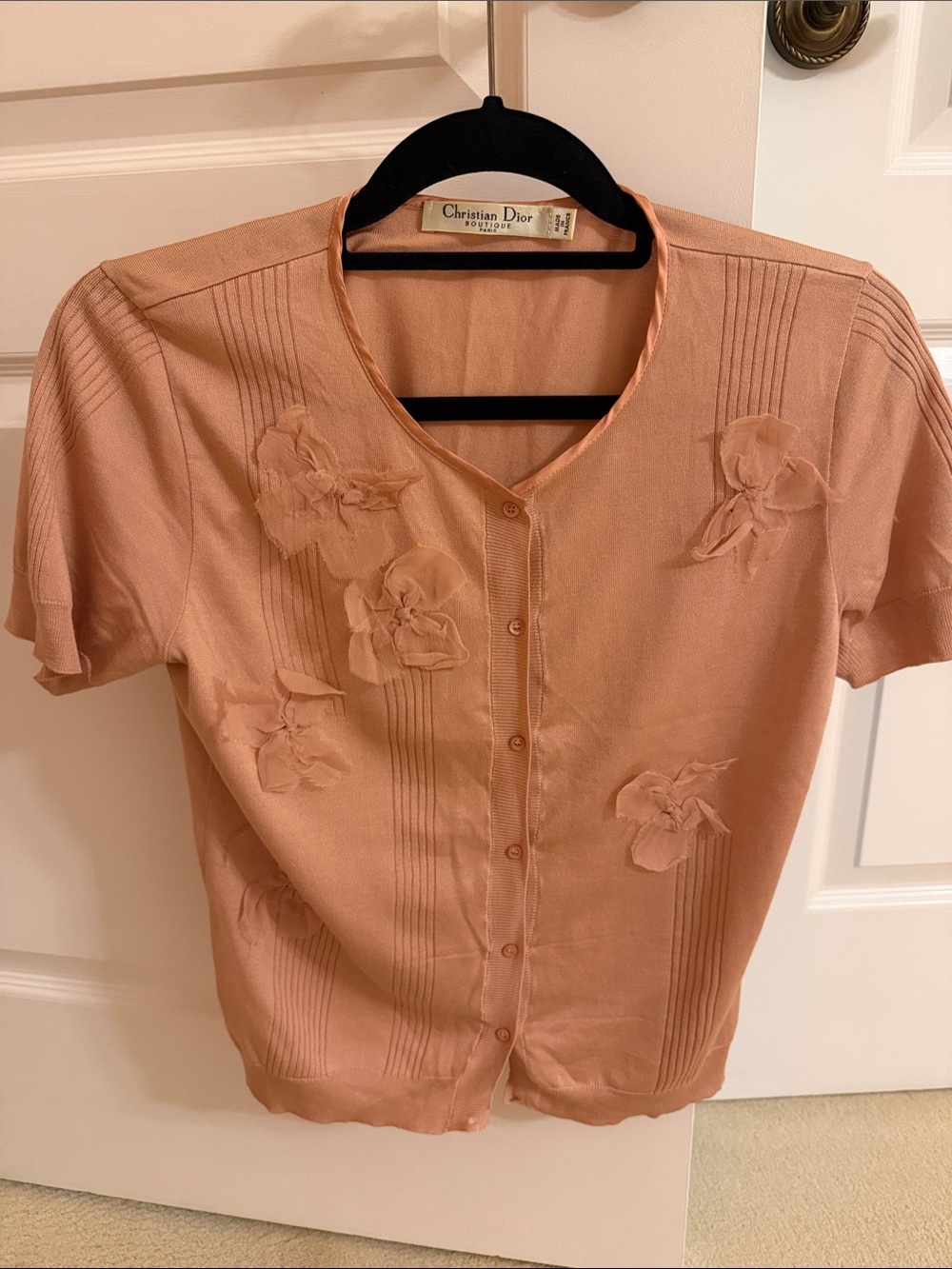 Dior Peach Short-Sleeve Button-Front Floral Appliqué Top